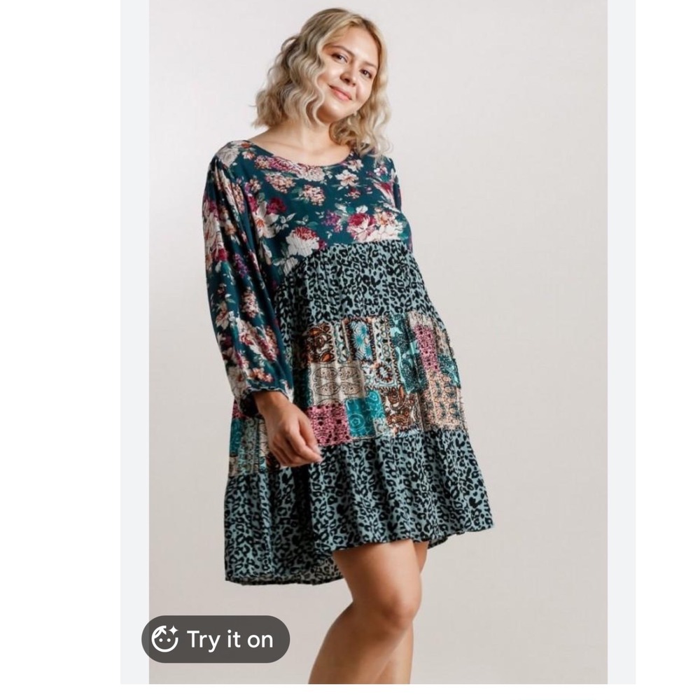 UMGEE BABY DOLL DRESS IN FLORAL AND ANIMAL PRINT MIXED MEDIA